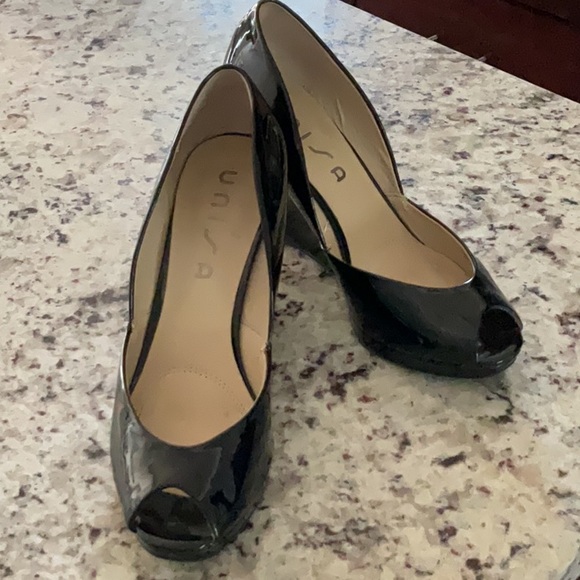 UNISA Black Peep-toe Wedge Pumps - Picture 1 of 7